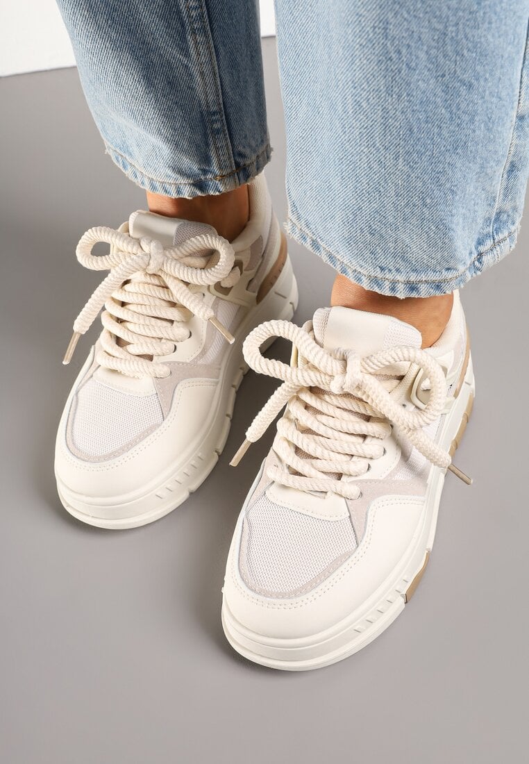 Beżowe Sneakersy w Streetwearowym Stylu na Grubej Podeszwie Teniffia