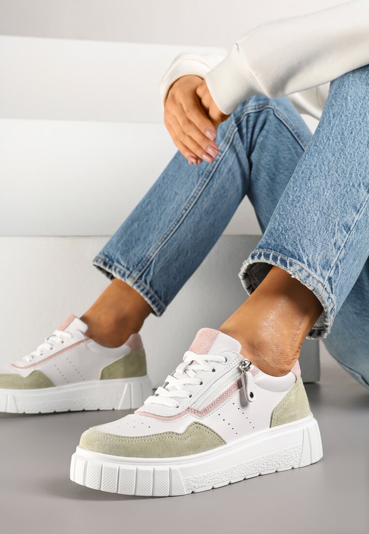 Biało-Zielone Skórzane Sneakersy w Streetwearowym Stylu Zdobione Suwakiem Elearessa