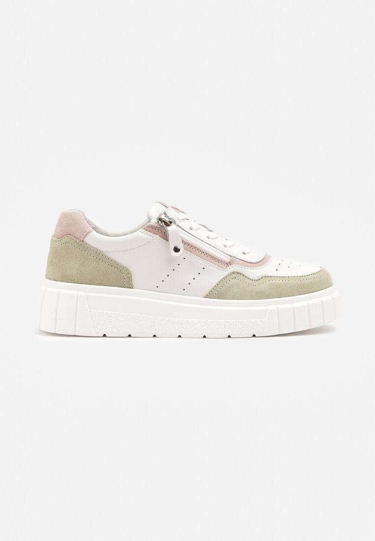 Biało-Zielone Skórzane Sneakersy w Streetwearowym Stylu Zdobione Suwakiem Elearessa