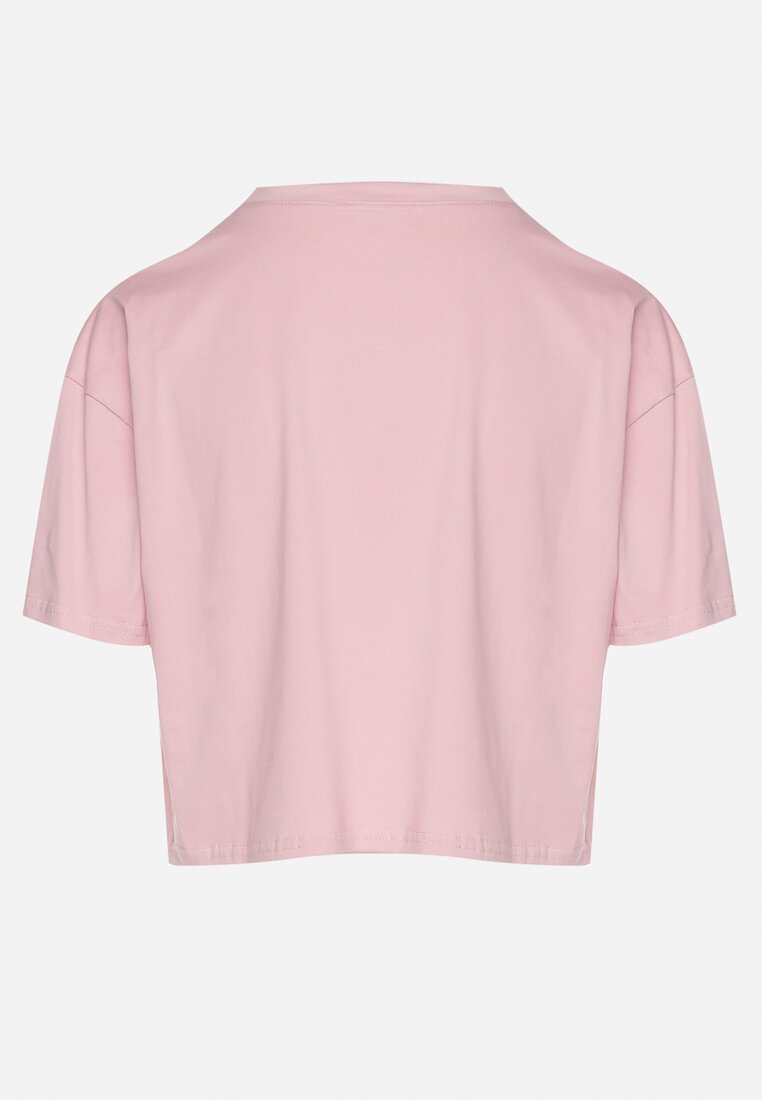 Różowy Bawełniany T-shirt Crop Top z Naszywką Adivios