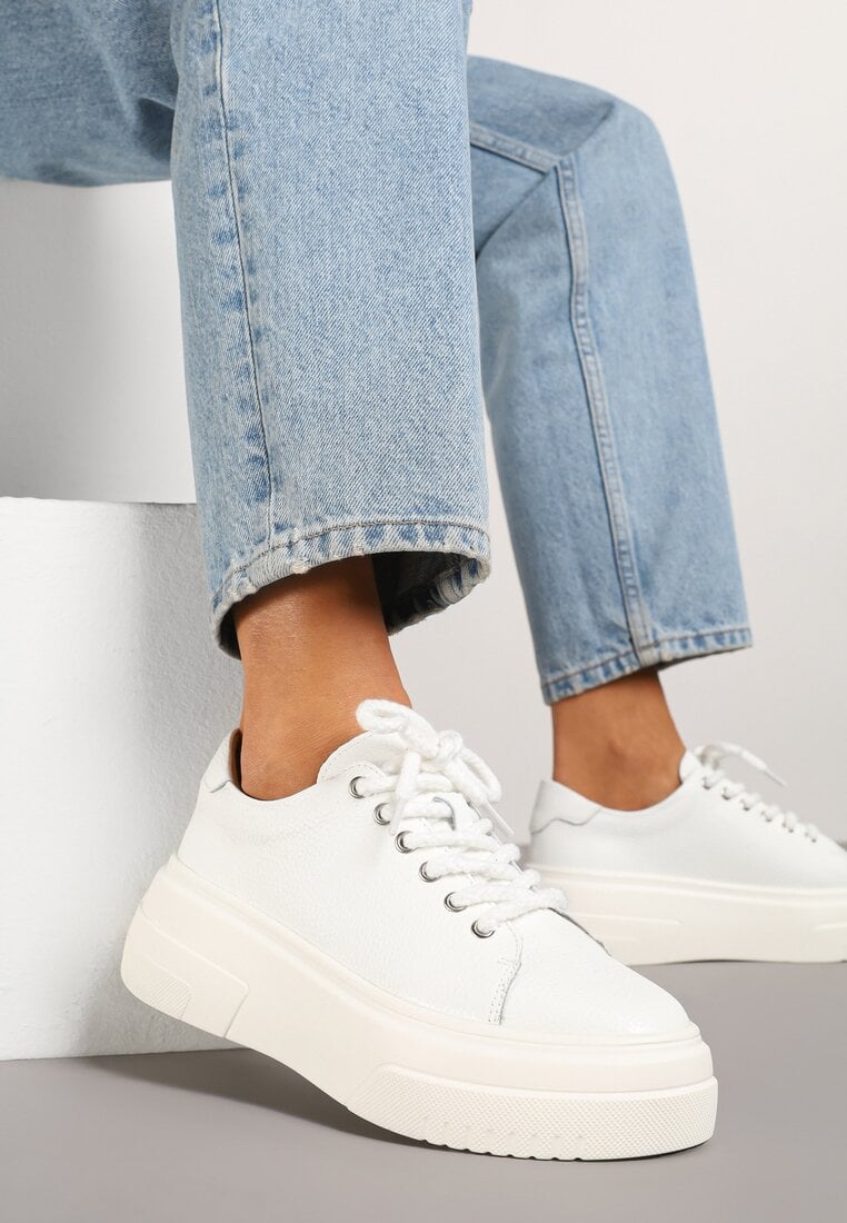 Białe Casualowe Sneakersy ze Skóry Naturalnej na Grubej Podeszwie Belliris