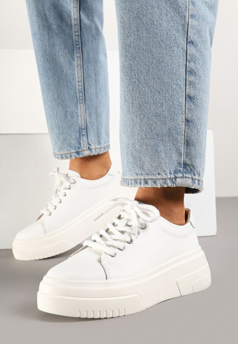 Białe Casualowe Sneakersy ze Skóry Naturalnej na Grubej Podeszwie Belliris