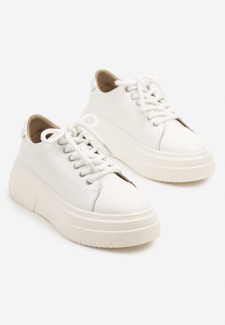 Białe Casualowe Sneakersy ze Skóry Naturalnej na Grubej Podeszwie Belliris