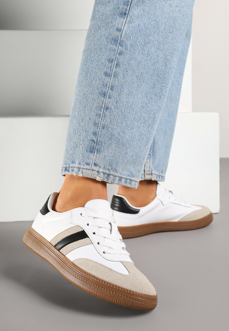 Biało-Czarne Skórzane Sneakersy w Stylu Tenisówek z Ozdobnymi Paskami Tilline