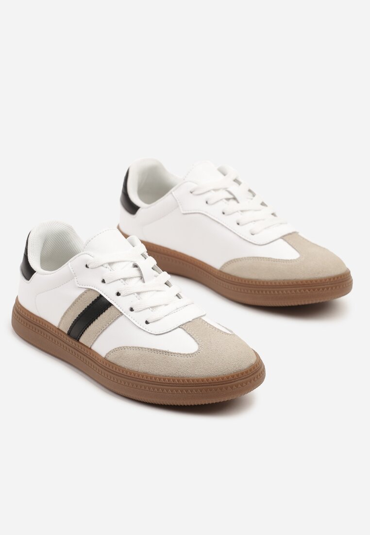 Biało-Czarne Skórzane Sneakersy w Stylu Tenisówek z Ozdobnymi Paskami Tilline