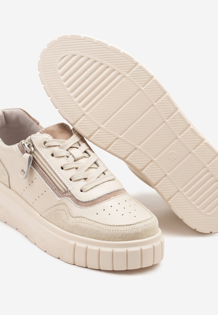 Beżowe Skórzane Sneakersy w Streetwearowym Stylu Zdobione Suwakiem Elearessa