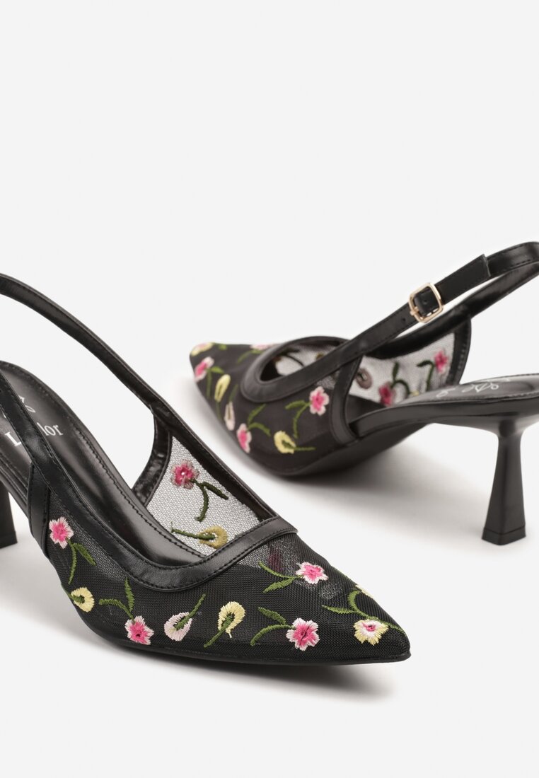 Czarne Sandały Slingback na Obcasie Typu Klepsydra Zdobione Haftem Iveltewia