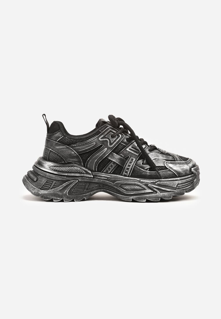 Czarne Sneakersy na Grubej Podeszwie Ozdobione Tłoczeniem Viarllis