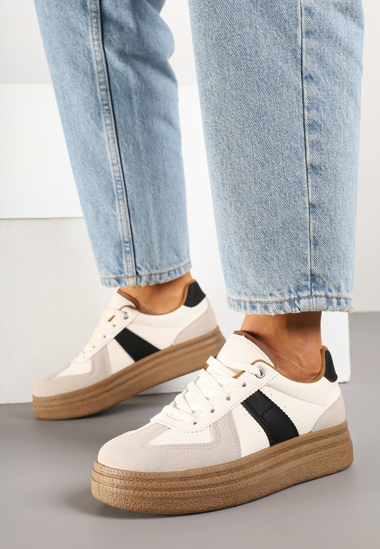 Beżowo-Czarne Sneakersy Klasyczne Tenisówki na Tłoczonej Platformie Nanislla