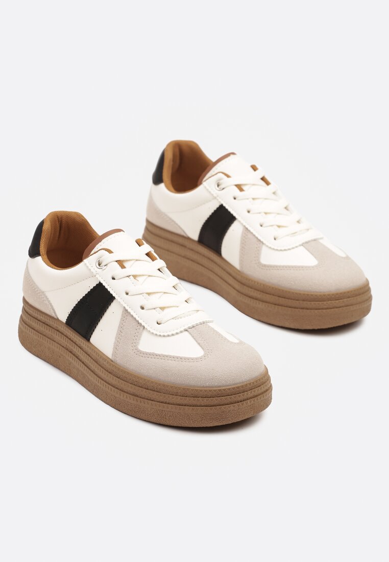 Beżowo-Czarne Sneakersy Klasyczne Tenisówki na Tłoczonej Platformie Nanislla
