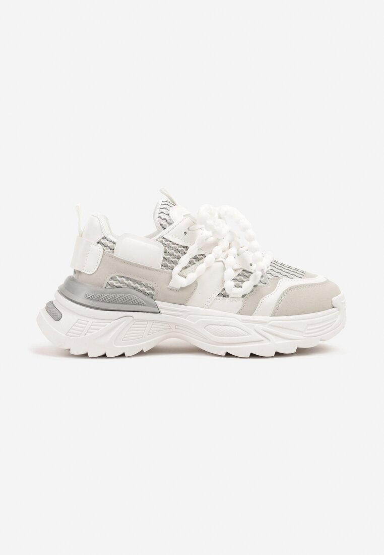 Białe Sneakersy na Grubej Tłoczonej Podeszwie z Koralikami Zolvia