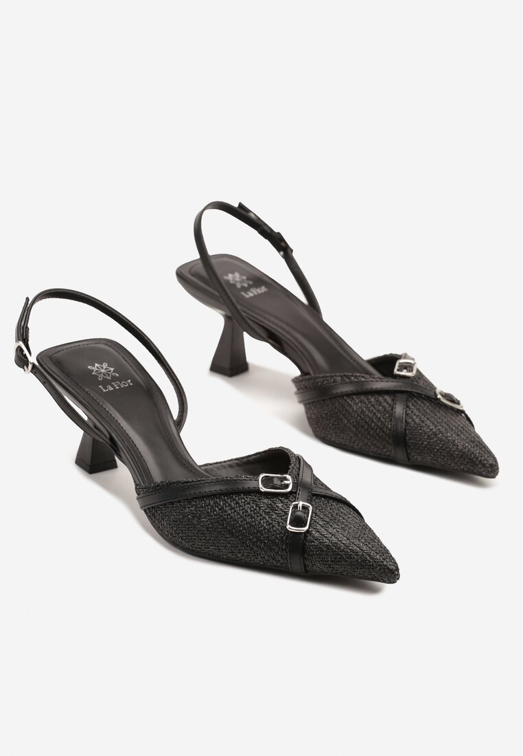 Czarne Sandały Slingback na Obcasie Typu Kaczuszka Zdobione Klamrami Adivilo