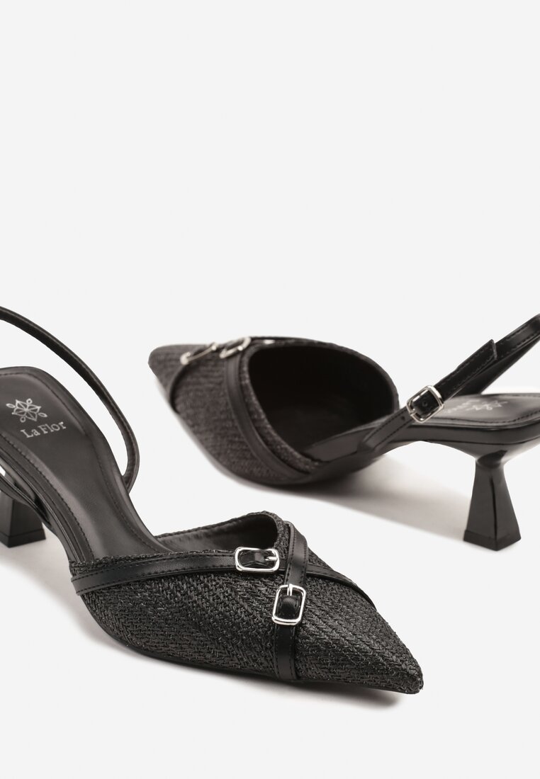 Czarne Sandały Slingback na Obcasie Typu Kaczuszka Zdobione Klamrami Adivilo