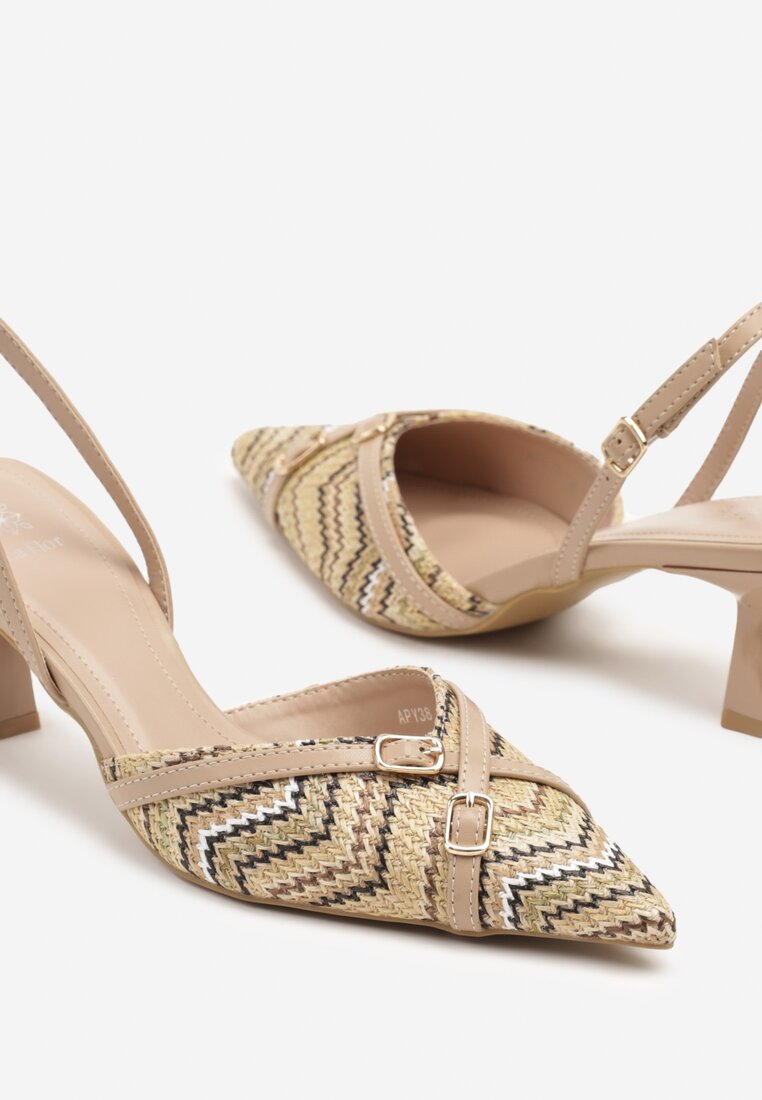 Ciemnobeżowe Sandały Slingback na Obcasie Typu Kaczuszka Zdobione Klamrami Adivilo