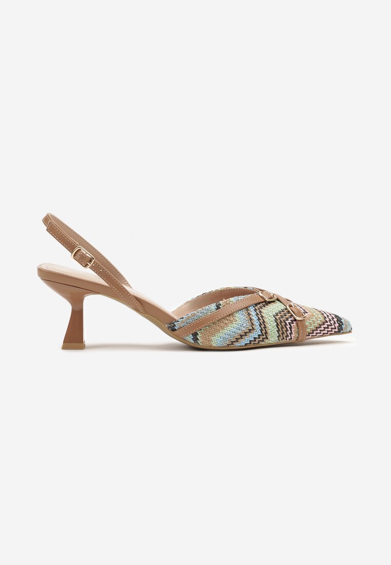 Brązowe Sandały Slingback na Obcasie Typu Kaczuszka Zdobione Klamrami Adivilo