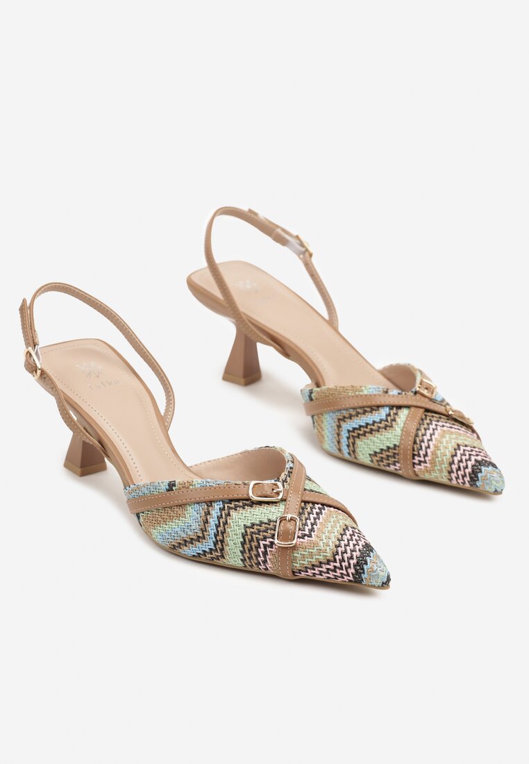 Brązowe Sandały Slingback na Obcasie Typu Kaczuszka Zdobione Klamrami Adivilo