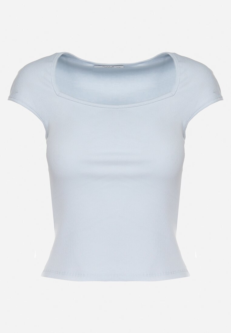 Niebieski Dopasowany T-shirt z Wiskozą w Prążki z Kwadratowym Dekoltem Alannia