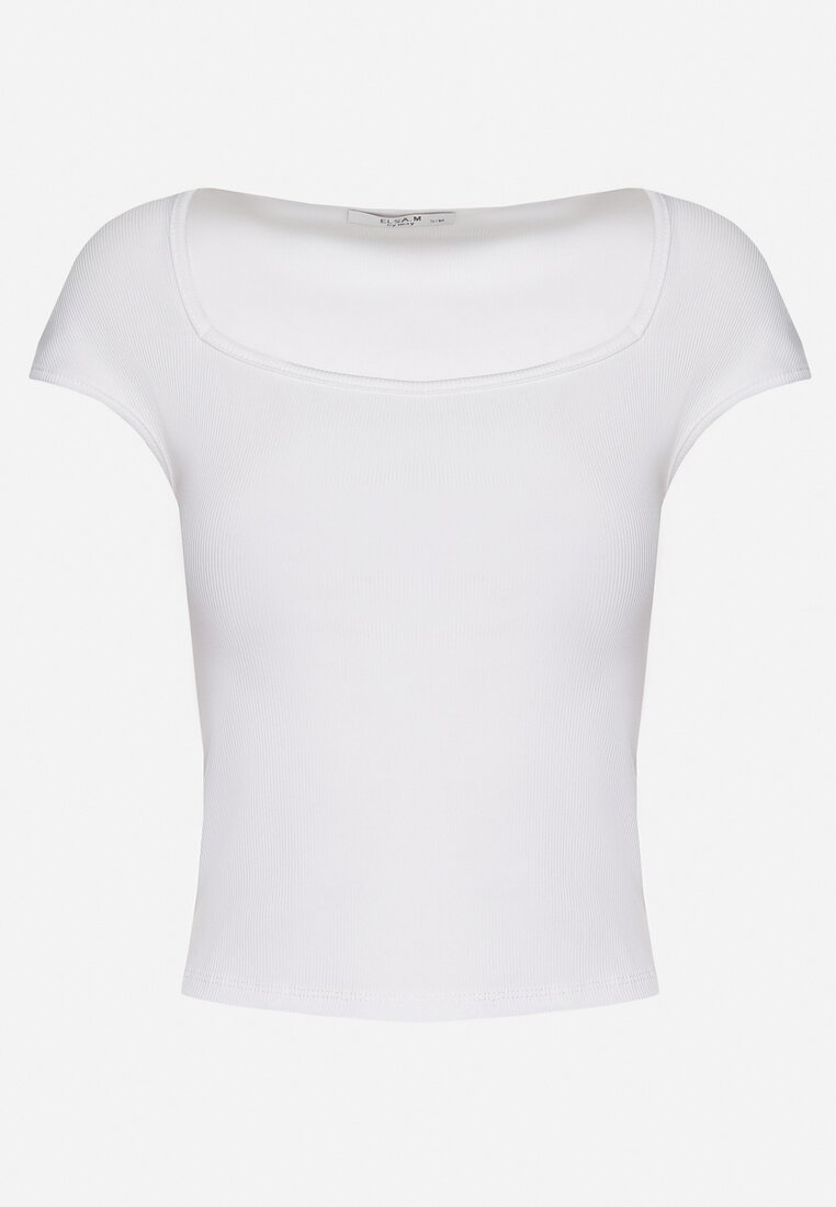 Biały Dopasowany T-shirt z Wiskozą w Prążki z Kwadratowym Dekoltem Alannia