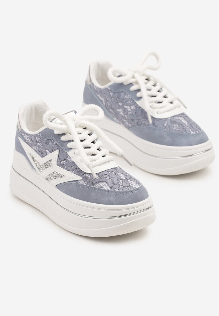 Niebieskie Sneakersy na Grubej Podeszwie z Gwiazdą i Brokatem Telesaris