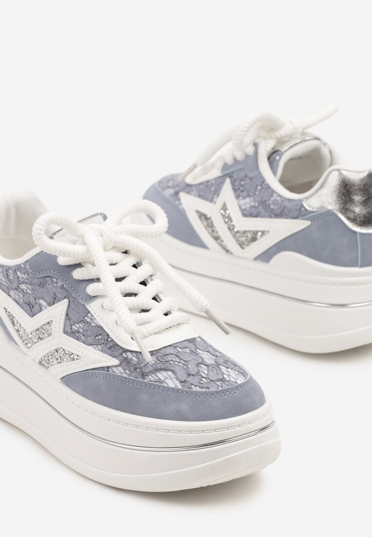 Niebieskie Sneakersy na Grubej Podeszwie z Gwiazdą i Brokatem Telesaris
