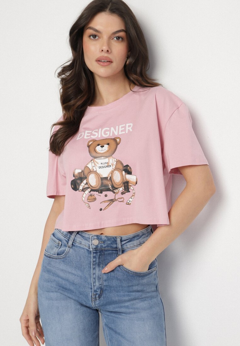Różowy Bawełniany T-shirt o Krótkim Kroju z Misiem Elanorel