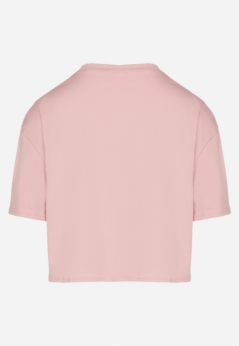 Różowy Bawełniany T-shirt o Krótkim Kroju z Misiem Elanorel