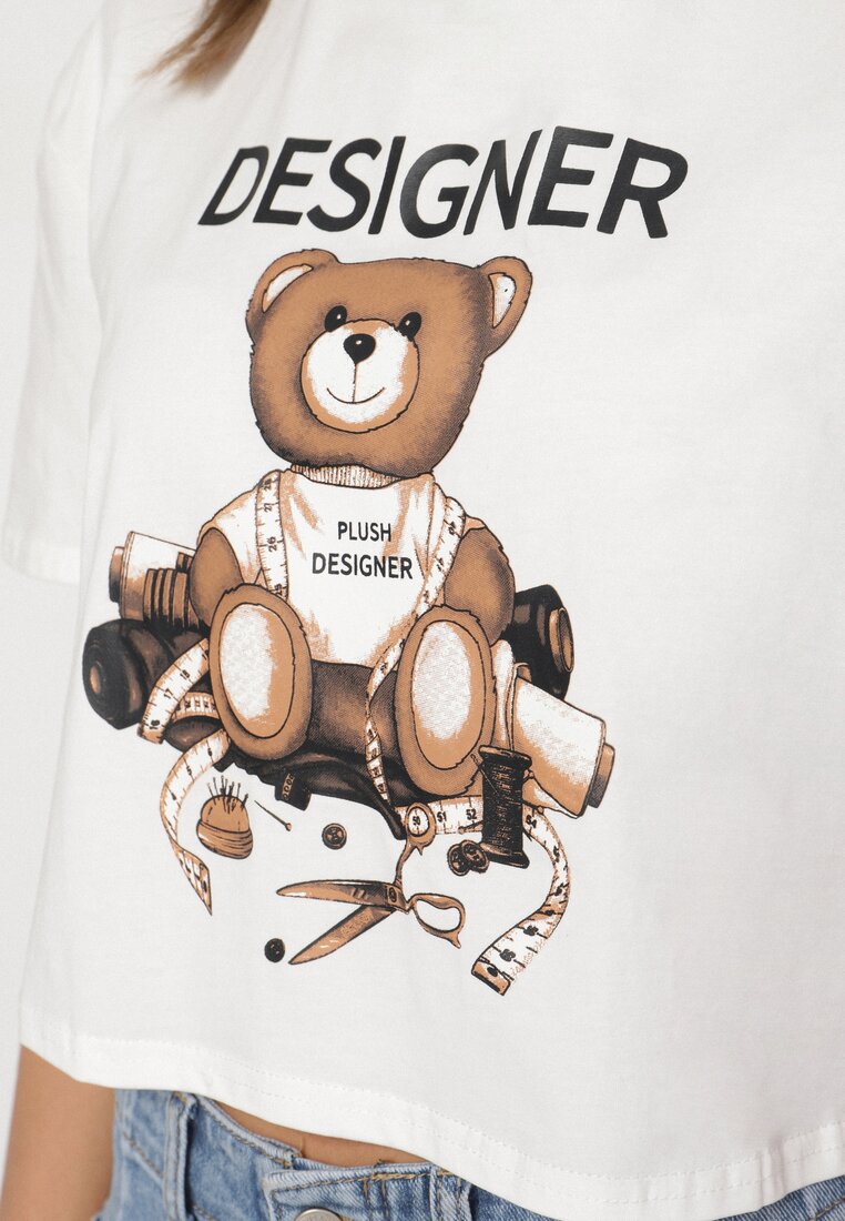 Biały Bawełniany T-shirt o Krótkim Kroju z Misiem Elanorel