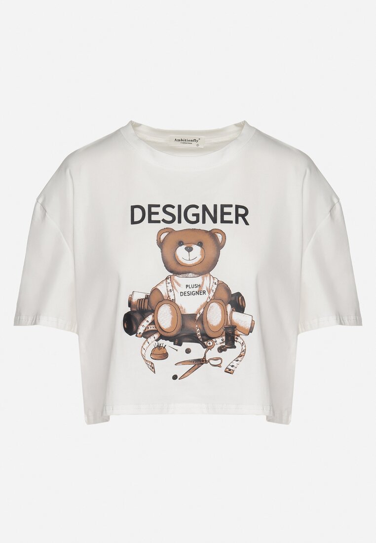 Biały Bawełniany T-shirt o Krótkim Kroju z Misiem Elanorel