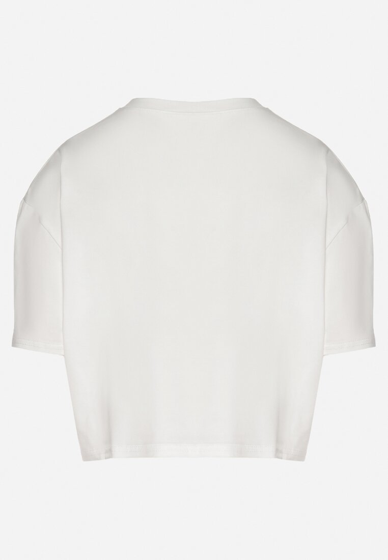 Biały Bawełniany T-shirt o Krótkim Kroju z Misiem Elanorel