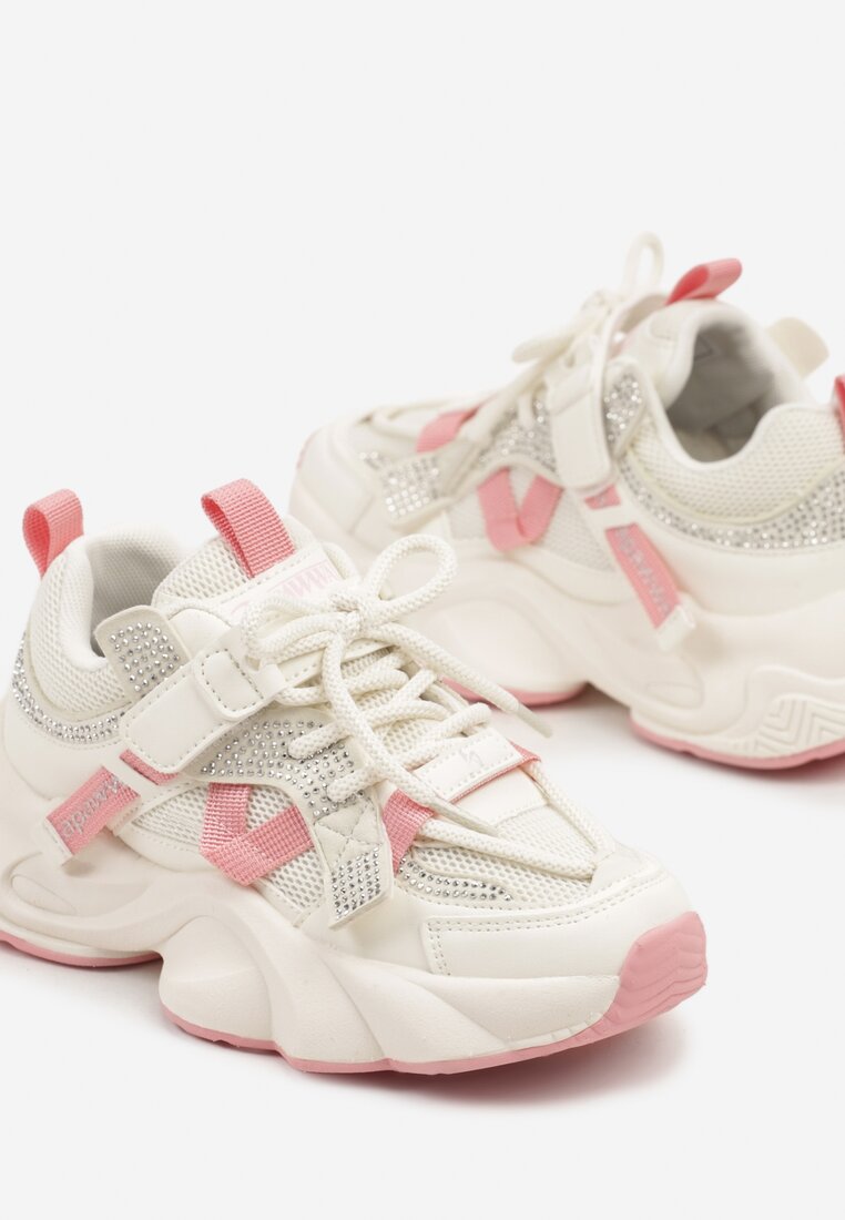 Beżowo-Różowe Buty Sportowe Sneakersy w Stylu Streetwearowym z Rzepem Ediriva