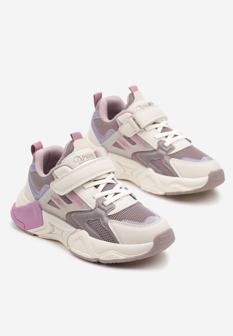 Beżowe Buty Sportowe Sneakersy z Rzepem na Tłoczonej Podeszwie Azrivae
