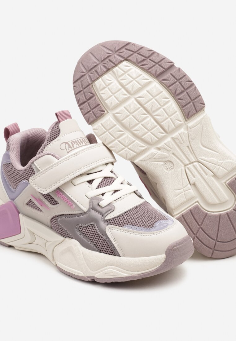 Beżowe Buty Sportowe Sneakersy z Rzepem na Tłoczonej Podeszwie Azrivae