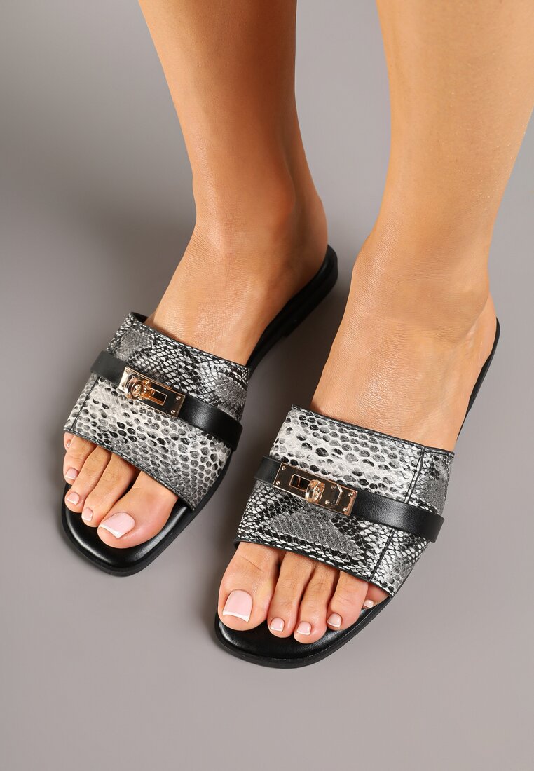 Papuci Negru cu print piele de șarpe