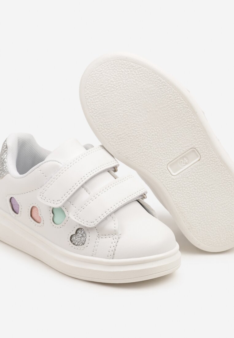 Biało-Srebrne Buty Sportowe Sneakersy Ozdobione Brokatowymi Sercami Uladwena