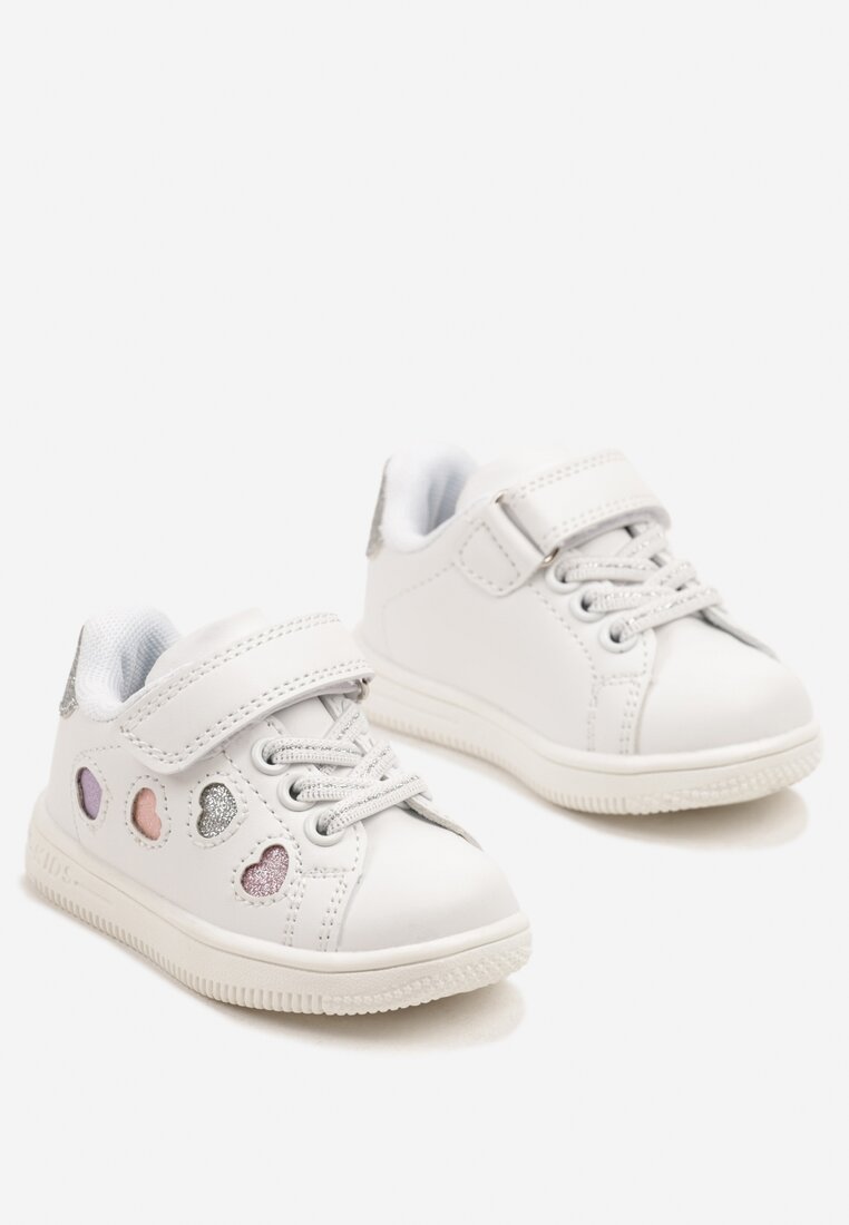 Biało-Srebrne Buty Sportowe Sneakersy z Brokatowymi Sercami Ulaveris