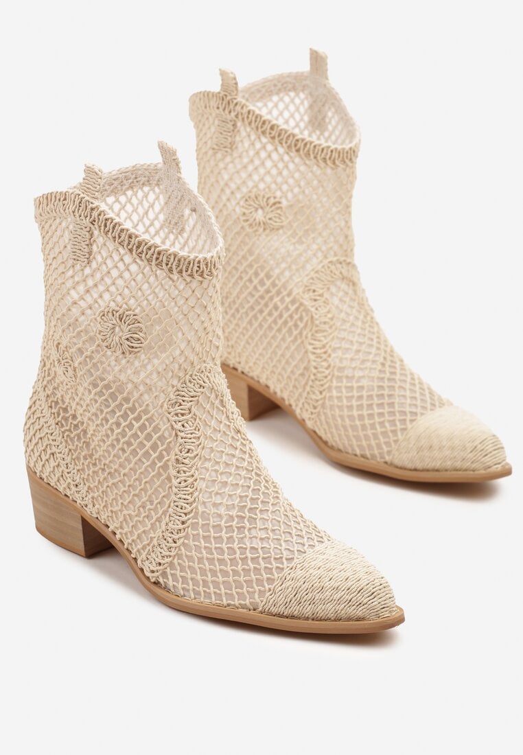Jasnobeżowe Ażurowe Botki w Stylu Kowbojek na Stożku ze Skórzaną Wkładką Xalozi