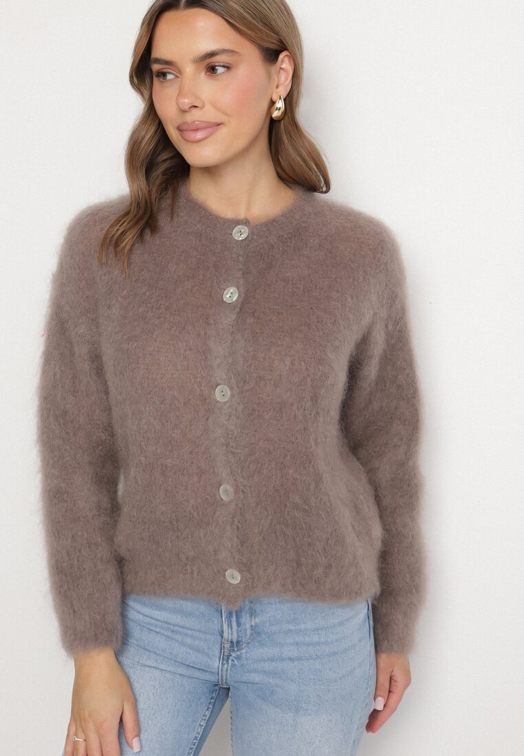 Beżowy Moherowy Kardigan o Klasycznym Kroju Korenno