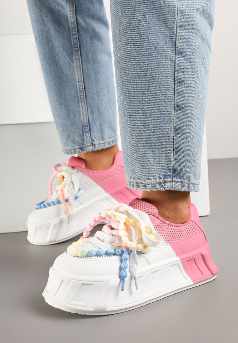Różowo-Białe Sneakersy na Grubej Podeszwie z Ozdobnymi Sznurówkami Ardisse