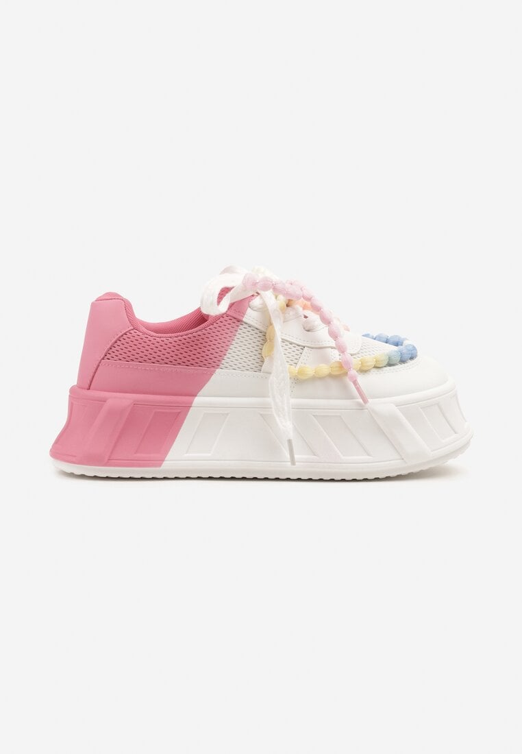 Różowo-Białe Sneakersy na Grubej Podeszwie z Ozdobnymi Sznurówkami Ardisse