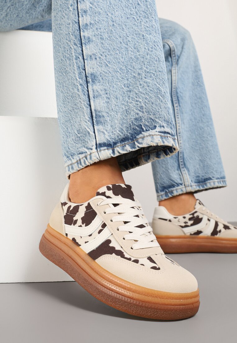 Beżowo-Brązowe Sneakersy w Stylu Tenisówek w Łaty Polella