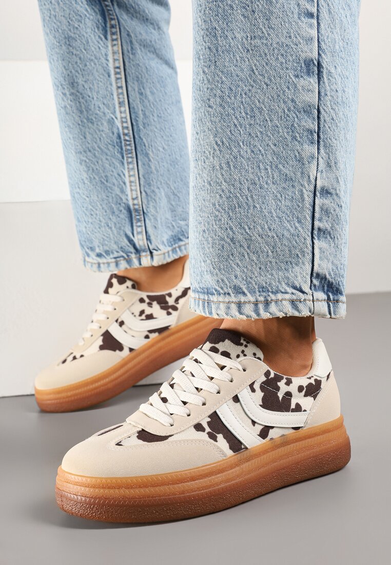 Beżowo-Brązowe Sneakersy w Stylu Tenisówek w Łaty Polella