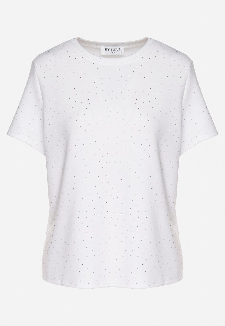 Biały T-shirt z Wiskozą Ozdobiony Cyrkoniami Hirritia