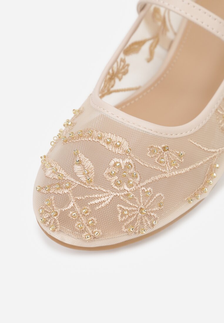 Beżowe Balerinki z Siateczki Ozdobione Haftami ze Sprzączką Divalen