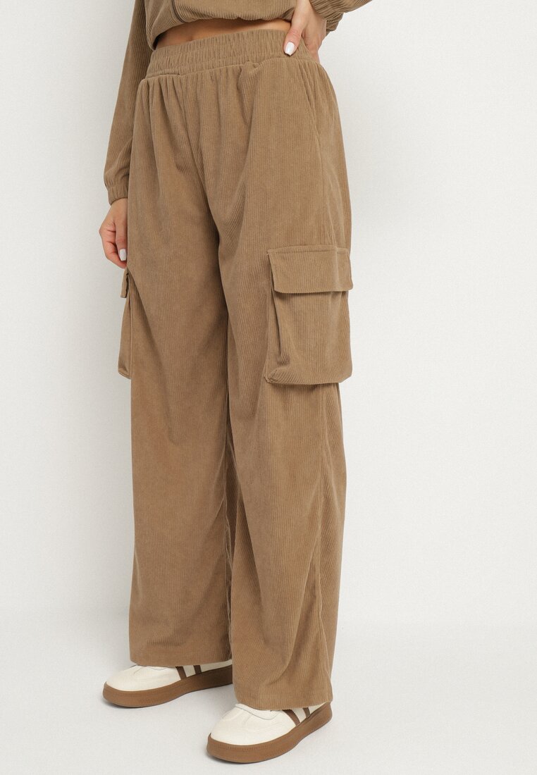 Jasnobrązowy Komplet Dresowy w Stylu Cargo Bluza ze Stójką i Szerokie Spodnie Arritarra