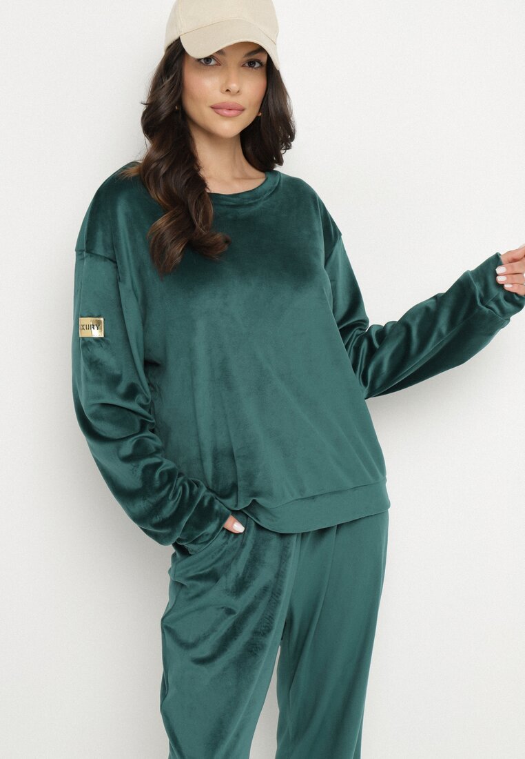 Ciemnozielony Welurowy Komplet Dresowy Bluza i Spodnie Typu Jogger Lisilwena