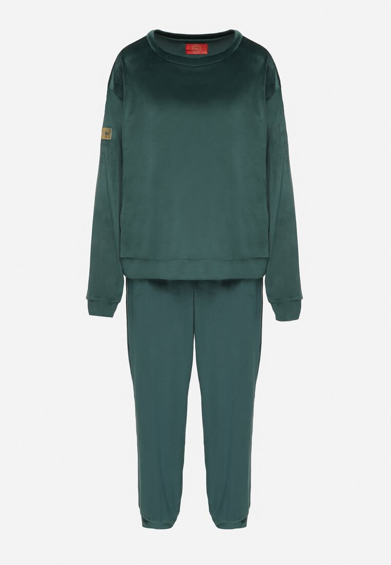Ciemnozielony Welurowy Komplet Dresowy Bluza i Spodnie Typu Jogger Lisilwena