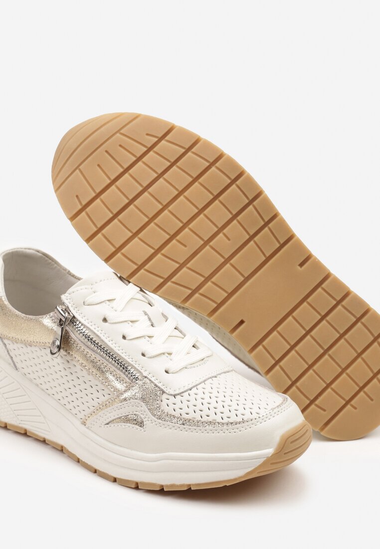 Beżowe Sneakersy ze Skóry Naturalnej Zdobione Perforacją i Suwakiem Amivessa