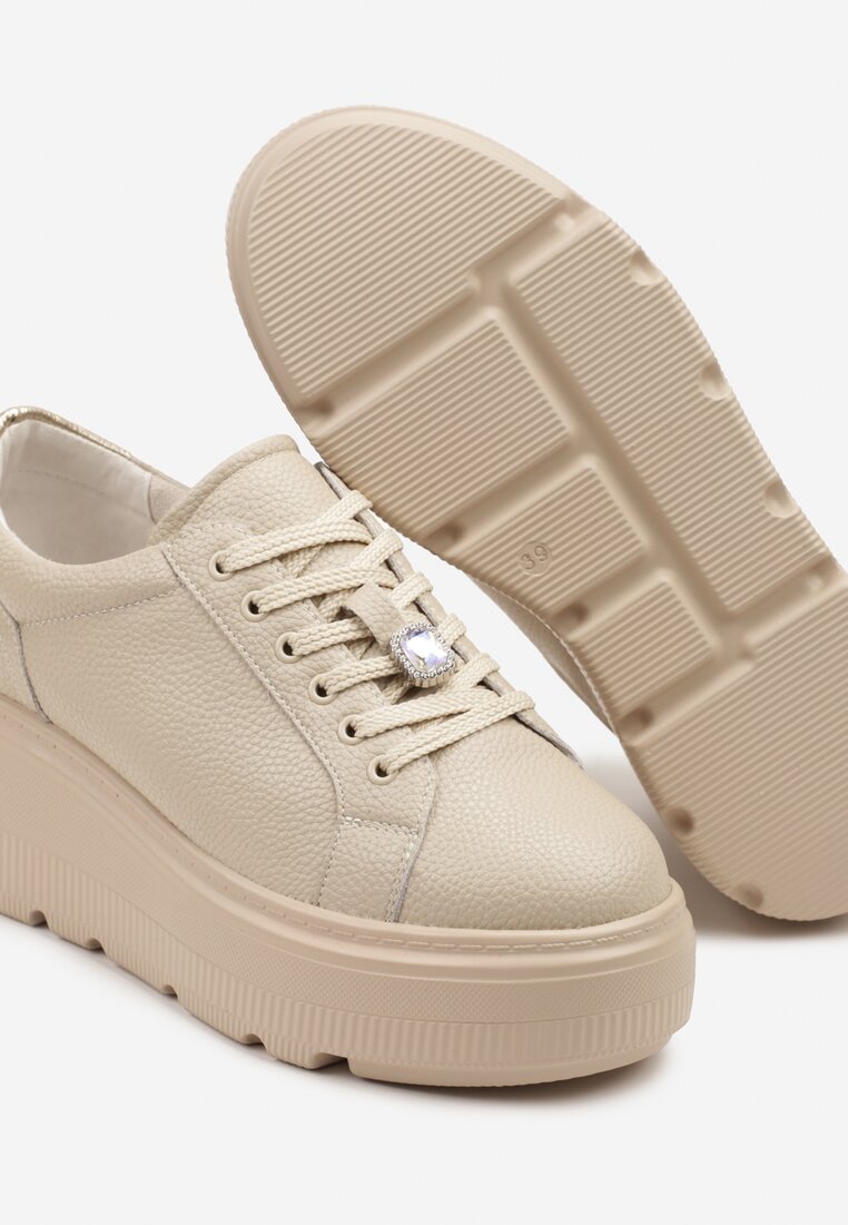 Beżowe Skórzane Sneakersy na Grubej Podeszwie z Metaliczną Wstawką Remalia