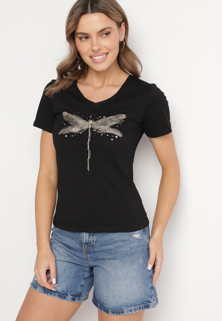 Czarny Bawełniany T-shirt z Motywem Ważki i Cyrkoniami Ulimira