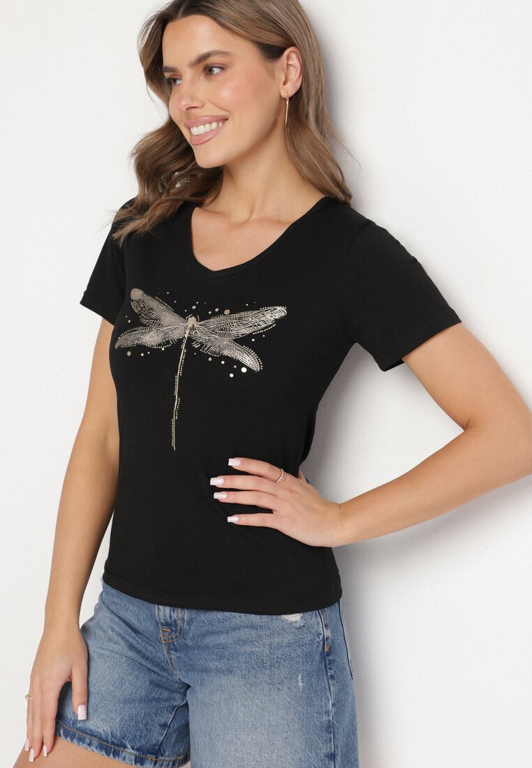 Czarny Bawełniany T-shirt z Motywem Ważki i Cyrkoniami Ulimira